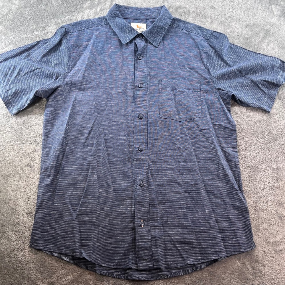 Field Stream Mens Medium Navy Blue Striped Cotton Linen Short Sleeve Button